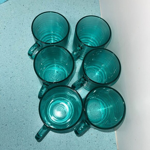 Arcoroc Vintage Mugs Jardiniere Teal Glass Ribbed Tea Coffee Set Of 6 France - Picture 3 of 6